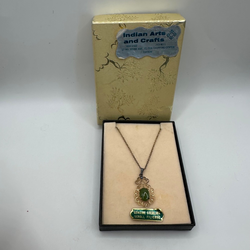 Vintage Sterling Silver Green Jade Scroll Filigree Pendant Necklace Tucson Box